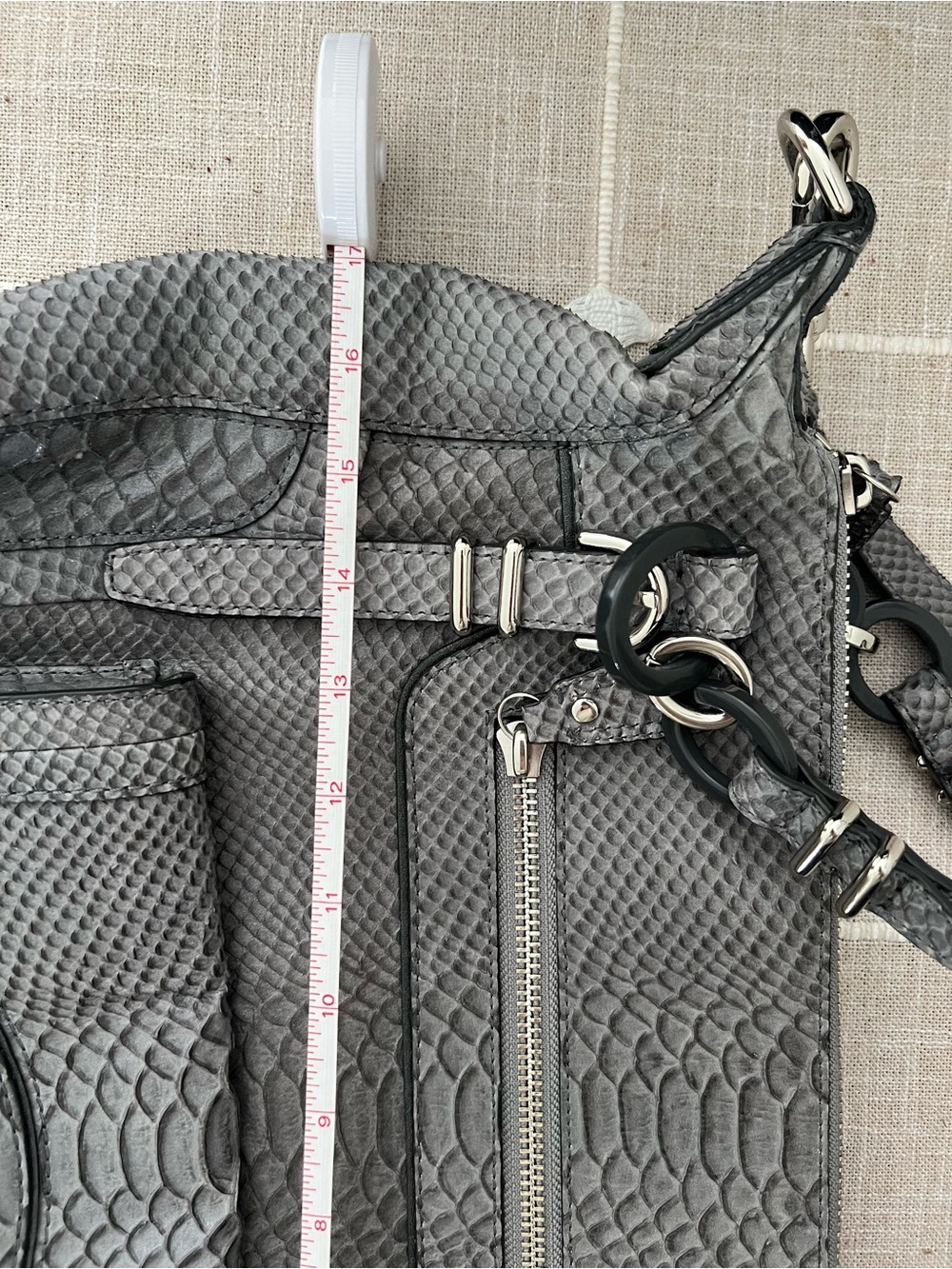 Gray Python-Embossed Leather Shoulder Bag - Picture 8 of 9